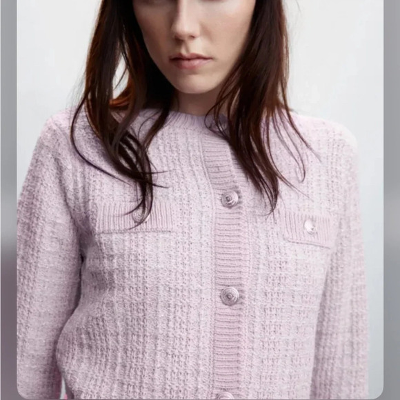 Mango Tweed Metallic Cardigan Sweater Lady Jacket Lavender Silver Size XS - Picture 4 of 13